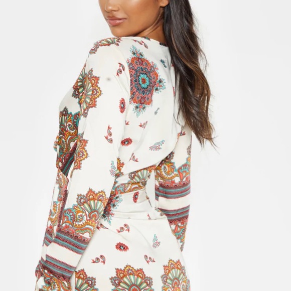 White Printed Silky Wrap Dress - Picture 4 of 5